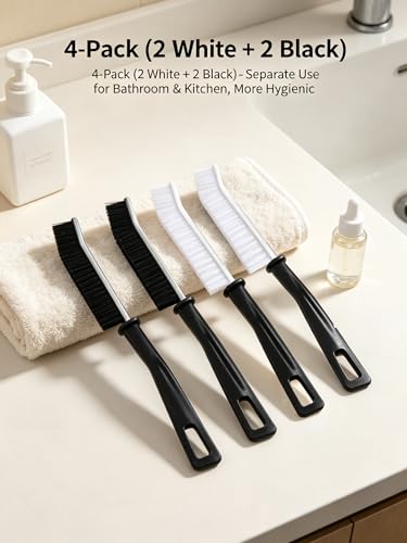 4-Pack Crevice Cleaning Brush, Hard Bristle Grout Scrubber for Narrow Gaps, Thin Window Track Cleaner Tool, Home Essentials for Bathroom Kitchen Sink Corners - 2 Black 2 White