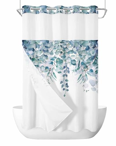 No Hook Shower Curtain and Snap in Liner Set, Blue Green Eucalyptus Fabric Bathroom Stall Shower Curtains 36x72, See Through Mesh Top Window, Spring Summer Botanical Floral Leaves Country Hotel Style - color: Blue Green, size: 36"W x 72"L (Pack of 1)