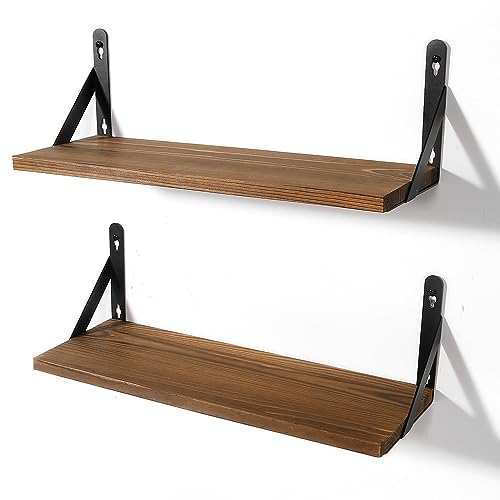 AGM Floating Shelves, 16.7 Inch Bathroom Shelf Set of 2, Rustic Wood Wall Mounted Shelf for Storage&Room Decor, Floating Shelf for Plants, Bedroom, Kitchen, Office, Living Room(Dark Brown) | Dark Brown Wall Shelves for Bedroom, Living Room, Kitchen, and L