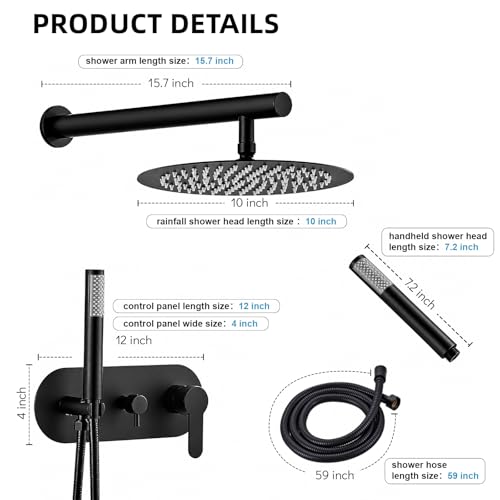 HUCKLE Shower Faucet Set, 10 Inch Rainfall Shower head With Handheld | Black Shower Head and Handheld Set, Single Handle Control, Shower System, Wall Mount, Included Brass Valve and Trim kit