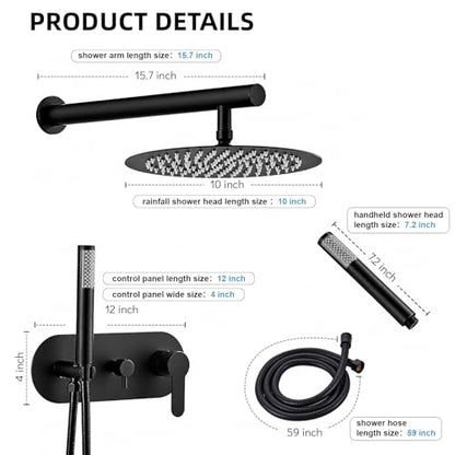 HUCKLE Shower Faucet Set, 10 Inch Rainfall Shower head With Handheld | Black Shower Head and Handheld Set, Single Handle Control, Shower System, Wall Mount, Included Brass Valve and Trim kit
