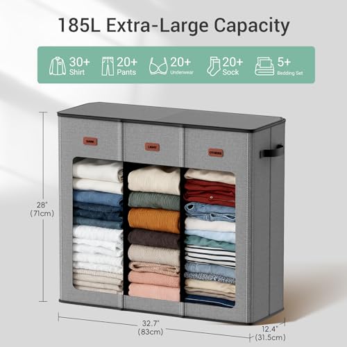 185L Laundry Hamper 3 Section with Lid, Grey Hamper 3 Compartment with 3 Removable Laundry Bags, Large Laundry Basket for Bedroom, Laundry Room, Dorm - color: Grey