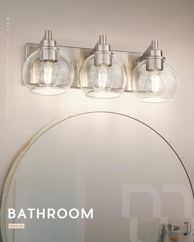 Bathroom Light Fixtures, 3-Light Brushed Nickel Vanity Light, Modern Wall Sconces with Globe Clear Glass Shade, Vanity Lighting Fixtures Over Mirror, VL195-BN-CL-3 | 18" modern bathroom light fixtures over mirror, E26 base, bulbs not included, VL195-BN-CL