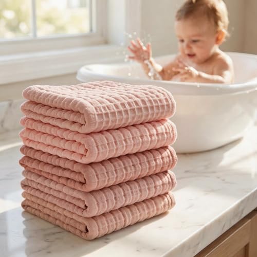 10 Pack Baby Washcloths - Soft Face Muslin Burp Cloths for Baby Towels, Absorbent Bath Wash Cloths, Wipes, Burp Rags - Toddlers Essentials Stuff, Baby Registry Search as Shower -11.8"x11.8" - color: Pink-10Pack-Binding