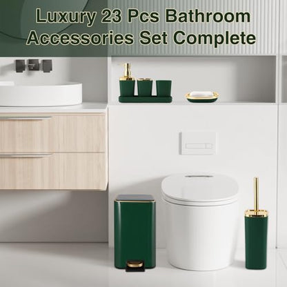 Bathroom Sets with Shower Curtain and Rugs Bathroom Accessories Set Dark Green Bathroom Set,Soap Dispenser & Toilet Brush Holder Set with Stainless Steel Trash Can(23 PCS) - size: Dark Green, style: Bath Set+Ombre Waffle Shower Curtain+Bath Rugs
