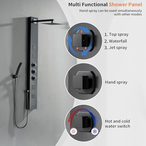 Rainfall Shower Tower Shower Wall Panels, Stainless Steel Shower Panel with 4 Body Jets Massage and Adjustable Head, Tub Spout Column Wall Mount, Black