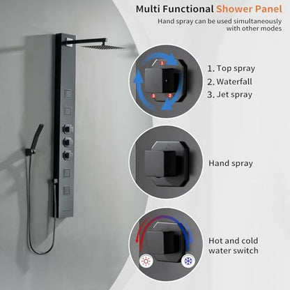 Rainfall Shower Tower Shower Wall Panels, Stainless Steel Shower Panel with 4 Body Jets Massage and Adjustable Head, Tub Spout Column Wall Mount, Black