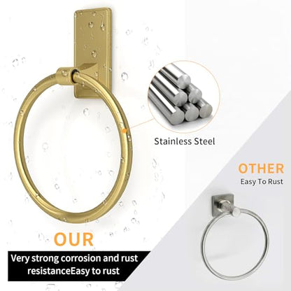 Adhesive Towel Ring, SUS304 Stainless Steel Bathroom Towel Holder, One Piece Disigned Towel Racks for Bathroom, No Drill, Gold - color: Gold, size: Round(1-pack)
