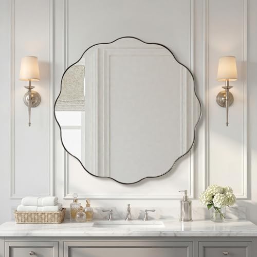 ANDY STAR Brushed Nickel Round Bathroom Mirror, 28 Inch Circle Mirror in Stainless Steel Metal Frame, Large Silver Round Vanity Mirror with Unique Wavy Design - color: Brushed Nickel, size: 28"L x 28"W