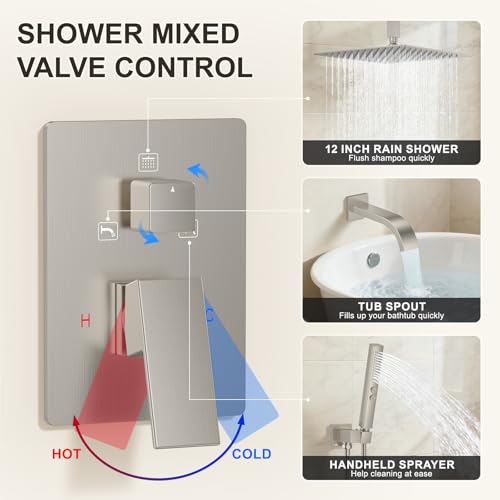 Brushed Nickel Shower System with Tub Spout, Ceiling Mounted Bathtub Shower Faucet Set, 12" Rainfall Shower Head and Handheld Shower Combo, High Pressure Shower Fixtures Set with Rough-in Valve - color: Brushed Nickel, style: 12" Ceiling Mounted Shower Sy