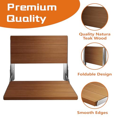 Folding Shower Seat 20'', Large Teak Shower Seat, Folding Shower Bench, Wall Mount Foldable Chair, 500 lbs Capacity, Stainless Steel, Silver - color: Silver