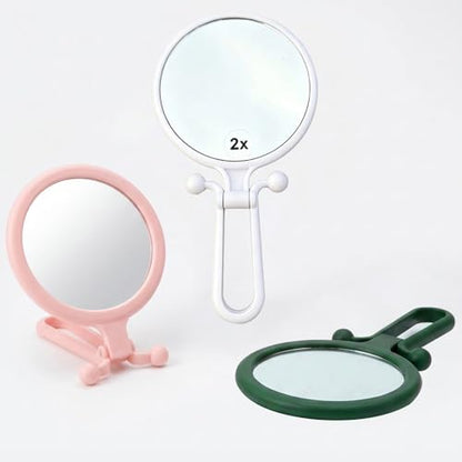 Magnifying Handheld Mirror Double Sided, Travel Makeup Hand Mirrors with 1X 2X Magnification, Small Hand/Desk Vanity Mirror (3Pcs(White & Pink & Dark Green)) - color: 3pcs( White & Pink & Dark Green)