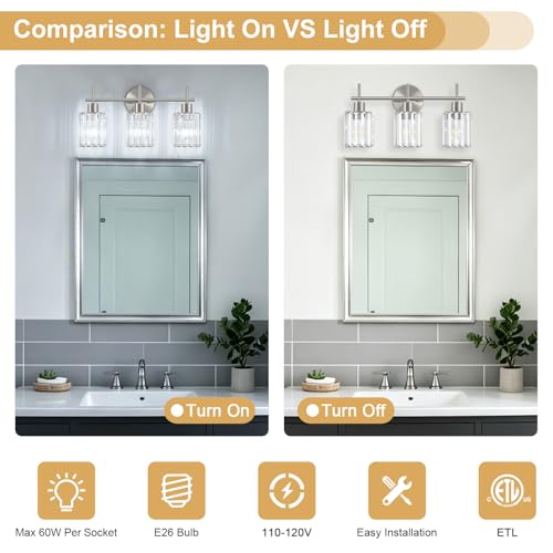 Brushed Nickel Bathroom Light Fixtures, Square, 3-Light | Vanity Lights with Crystal Shades, Modern Bathroom Lighting Fixtures over Mirror (Bulbs Not Included, E26) - color: Brushed Nickel (Square), size: 3-Light