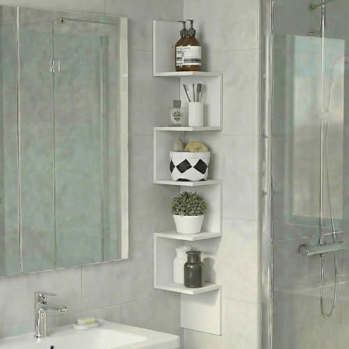 Furinno Rossi Corner Floating Shelves for Wall, 5-Tier Corner Square Wall Shelf, S-Shape Radial Floating Book Shelf, Easy Assembly, for Bathroom, Bedroom, Living Room, White - color: White, size: 5-Tier Square