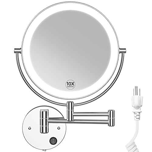 9" Large Wall Mounted LED Makeup Mirror with Magnification 10X/1X, Corded | Large Size, Plug-in, Not Battery Operated, 2-Sided, 13 Inch Extended Arm, LED Vanity Mirror with Light, 360° Swivel - color: Silver - a