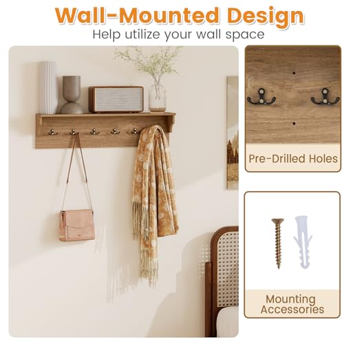 GIANTEX Coat Rack Wall Mount, 31.5" Wooden Coat Hooks with Shelf, Natural | Wall Clothes Rack w/ 6 Dual Hooks for Hats Towels Purses Robes, Floating Display Shelf for Living Room Bedroom Entryway - color: Natural