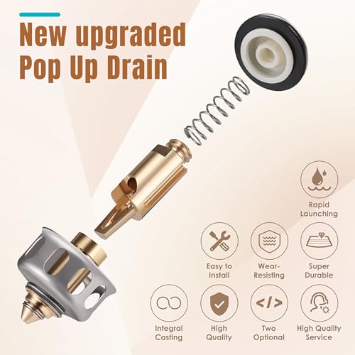 Bathroom Sink Pop Up Drain with Overflow, Stainless Steel Sink Drain Strainer with Built-in Anti-Clogging Strainer Basket, Sink Drain Stopper Fits Standard American Drain Hole