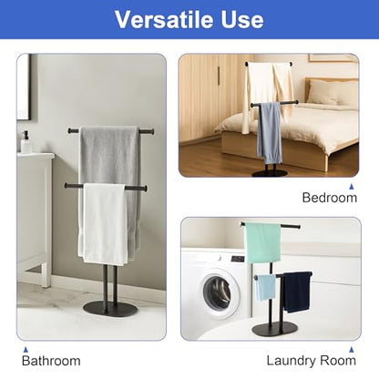 Freestanding Matte Black Towel Rack with Extendable Double Bars, Weighted Base Bathroom Towel Holder Stand, Rust-Resistant Stainless Steel Standing Towel Racks for Bathroom Storage - color: Black