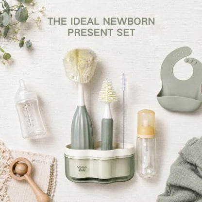 Baby Bottle Brush Set with Soap Dispenser, Foaming Brush & Drying Stand | Soft Silicone Bristles, Fan-Shaped Deep Cleaning Head, 3-Piece Kit with Nipple & Straw Brushes, Quick-Dry Storage, BPA-Free