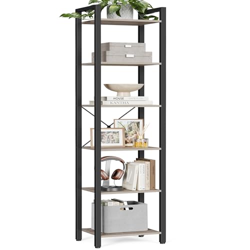 VASAGLE 6-Tier Bookshelf, Bookcase with Steel Frame, Book Shelf for Living Room, Home Office, Study, 11.8 x 15.7 x 73.2 Inches, Industrial Style, Heather Greige and Ink Black ULLS101B02 - color: Heather Greige + Ink Black, size: 6 Tiers (11.8"D x 15.7"W x