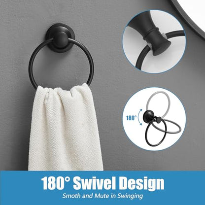 RUMOSE Pivoting Toilet Paper Holder and Hand Towel Ring, Matte Black | Wall Mount, Bathroom Hardware Accessories 2 PCS Set, Toilet Tissue Roll Holder & Towel Hanger, Rustproof, Stainless Steel - color: Matte Black