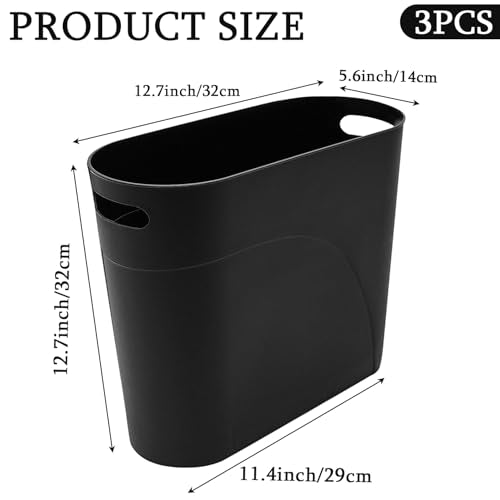 3 Pack Narrow Office Trash Can 3.2 Gallon Slim Waste Basket, Plastic Bathroom Wastebasket Slim Garbage Can Container Bin with Handle for Narrow Spaces Bathroom Bedroom Kitchen Office at Home, Black - color: Black