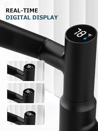 Rotatable Bathroom Faucet with Temperature Display in Fahrenheit (Batteries-Free), 3 Water Outlet Modes, Matte Black, BF2204-3 - color: Matt Black