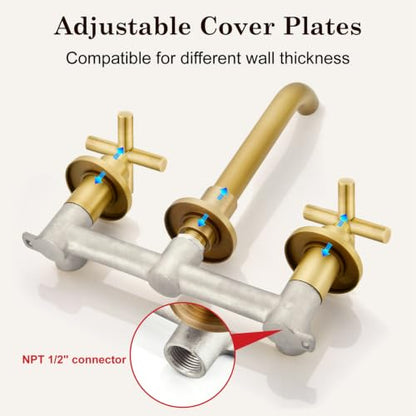 Midanya Wall Mount Bathroom Faucet 3 Hole 2 Cross Handle,Antique Brass | SUS304 Stainless Steel,Rough-in Valve Included,360° Swivel Spout,for Bathroom Sink,Vanity - color: Antique Brass