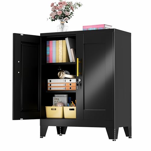 GAIOUS 36" Tall Metal Storage Cabinet with Lock, Locking Cabinet with 2 Doors and 2 Adjustable Shelves, Black Bathroom Floor Cabinets, Freestanding Locked File Cabinets for Home/Office/Garage - color: Black, size: 13.78"D x 27.56"W x 35.83"H