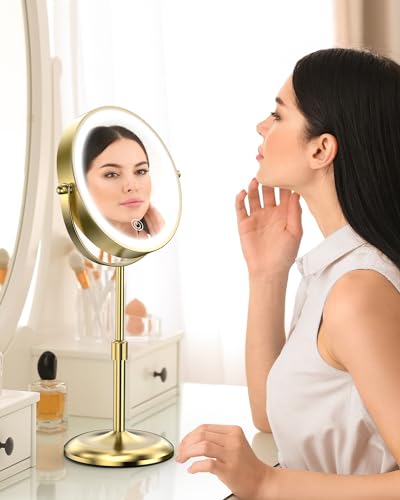 7" Lighted Makeup Mirror with 3 Color Lights & 10X Magnification, Adjustable Brightness & Height, 360° Swivel Rechargeable 10X LED Magnifying Vanity Mirror with Light, Gold - color: Gold
