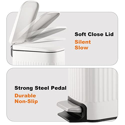 TrashAid Slim Bathroom Trash Can with Lid Soft Close & Pedal, 1.6Gal, White | Removable Inner Bucket, Stainless Steel Garbage Can, Small Wastebasket for Toilet/Office/Bedroom, Retro Design, Odor Control - color: White