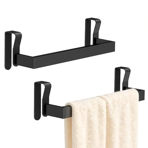 STWWO Over The Door Towel Rack, Kitchen Towel Holder Stainless Steel | Towel Bar for Over Cabinet Cupboard Door Kitchen Hanger, 2 Pack (Black)