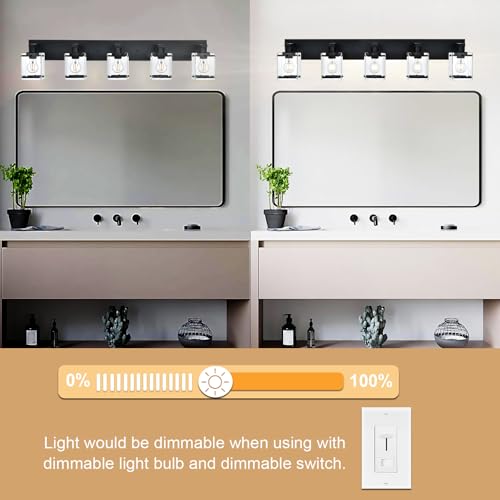 5-Light Modern Vanity Lighting, Black Bathroom Light Fixture Over Mirror with Rectangular Clear Glass,E26 Bulb Base - color: Black, Clear Glass, size: 5-Lights