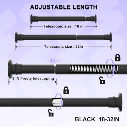 Small Shower Rod 18-32 Inch, Black Adjustable Tension Rod | Heavy Duty No Drilling Design, Suitable for Closet and Curtain Use with Secure Spring Fit - color: Black, size: Y2(18-32in)