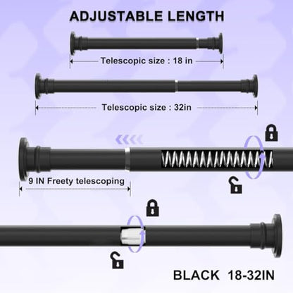 Small Shower Rod 18-32 Inch, Black Adjustable Tension Rod | Heavy Duty No Drilling Design, Suitable for Closet and Curtain Use with Secure Spring Fit - color: Black, size: Y2(18-32in)