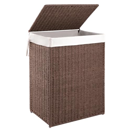 OIAHOMY Laundry Hamper with Lid, 90L(23.8 Gal) Large Wicker Laundry Basket for Bedroom, Handwoven Paper Rope Clothes Hamper with Washable Liner & Metal Frame, Decorative Organizer for Bathroom Brown - color: Brown, size: 90L