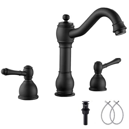 2 Handles 3 Holes Faucet Widespread Bathroom Sink Faucet Basin Tap Mixer Supply Hose Included Matching Pop Up Drain Matte Black - color: Black, size: Widespread