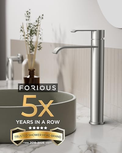 FORIOUS Waterfall Bathroom Vessel Sink Faucet Brushed Nickel Single Hole | Waterfall Brushed Nickel Tall Bathroom Faucet 1 Hole, Silver Bathroom Sink Faucet for Vessel Sink with Drain and Supply Line - color: Vessel Sink-Stainless Steel