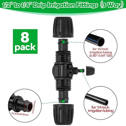 1/2 Inch To 1/4 Drip Irrigation Fittings - 8 Pack Drip Line Irrigation 1/2'' to 1/4'' Barbed Tee Adapter Anti-Drop Lock Nut Barbed Reducer 3 Way Connectors for Drip Irrigation System - size: 1/2" 3 Way Tee
