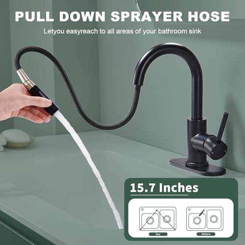 Black Bathroom Sink Faucet with Pull Down Sprayer | 2 Mode Sprayer, with Deck Plate for 1 or 3 Hole, 360° Swivel, with Pop Up Drain for Vanity Bar RV Basin Laundry - color: Matte Black