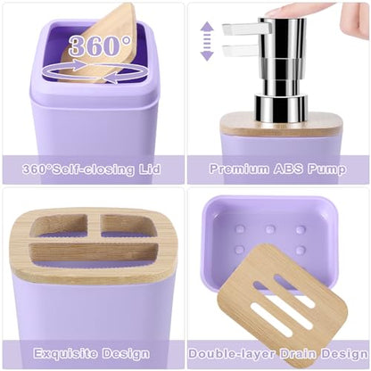 Purple Bathroom Accessories Set, 9 Piece Purple Bathroom Accessory Set with Trash Can,Toothbrush Holder,Toothbrush Cup,Lotion Soap Dispenser,Vanity Tray,Soap Dish,Toilet Brush,Qtip Holder - size: Bath Set, style: Light Purple