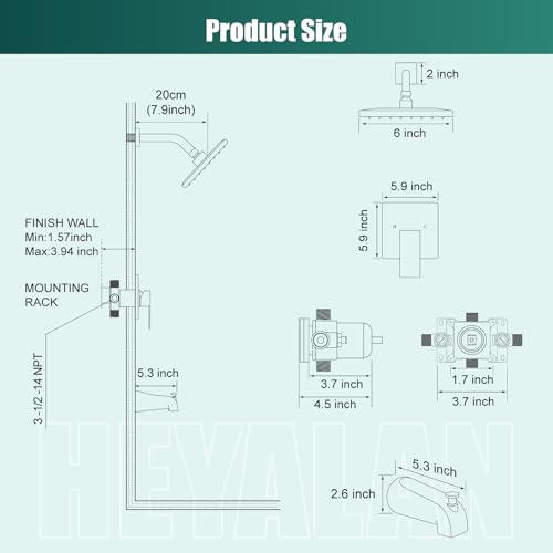 Heyalan 6 Inch Shower Set with Tub Spout and Valve,Brushed Nickel | 6-inch square rainfall head, tub spout with diverter, male-thread rough-in valve, single-handle control and wall-mount design - color: Brushed Nickel, size: 6 Inch Square Shower Head