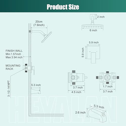 Heyalan 6 Inch Shower Set with Tub Spout and Valve,Brushed Nickel | 6-inch square rainfall head, tub spout with diverter, male-thread rough-in valve, single-handle control and wall-mount design - color: Brushed Nickel, size: 6 Inch Square Shower Head