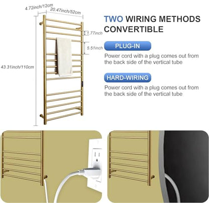 Gold Wall Mounted Heated Towel Rack,Gold Towel Warmers Rack for Bathroom, Timer & Temperature Control Electric Towel Drying Rack (14 Bars Brushed Gold A, Hardwired) - color: 14 Bars Brushed Gold a, size: Hardwired