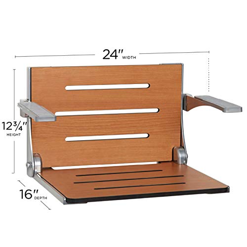 Seachrome Silhouette Comfort Folding Wall Mount Shower Bench Seat with Arms, Teak Seat with Silver Frame - color: Teak Seat With Silver Frame and Silver Arm Pads