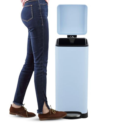 happimess Betty 8 Gal Step Trash Can Soft-Close Lid, Tide Pool Blue | Removable Liner, Semi-Rectangular, Steel Pedal, Iron Powder Coated, 27" Height, Non-Skid Base - color: Tide Pool Blue