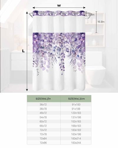 No Hook Shower Curtain and Snap in Liner Set, Purple Eucalyptus Fabric Bathroom Stall Shower Curtains 48x72, See Through Mesh Top Window, Spring Summer Botanical Floral Leaves Country Hotel Style - color: Purple, size: 48"W x 72"L (Pack of 1)