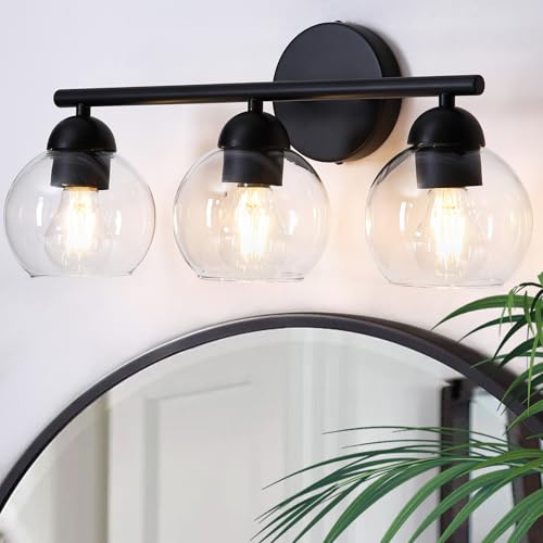 3 Light Bathroom Vanity Light, Black Vanity Light with Globe Glass Shades, Farmhouse Bathroom Light Fixtures Over Mirror, Modern Wall Lights for Bedroom Hallway, E26 Socket - color: Black & Cear Glass, size: 3-Light