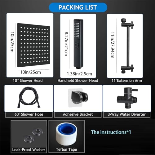 Rainfall Shower Head with Handheld Combo, Black, 10 Inch & 3 Spray Modes | 180° Adjustable with Extension Arm, Easy To Install - color: Matte Black