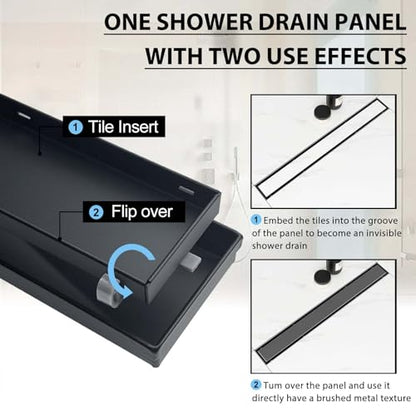 SaniteModar 24 inch Linear Shower Drain Matte Black with Tile Insert Grate | AISI 304 Stainless Steel Brushed Shower Floor Drain Rectangle Linear Drain with Hair Fliter and Adjustable Feet - color: Matte Black, size: 24 inch